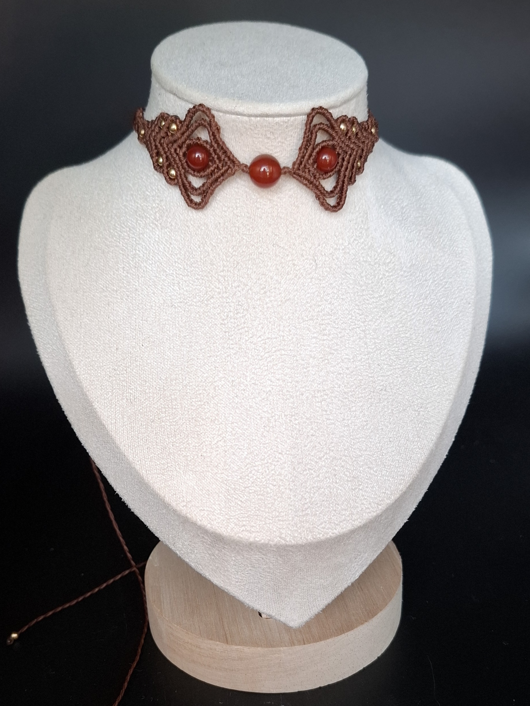 Chocolate Brown Macrame Choker Necklace with Red Agate Gemstones