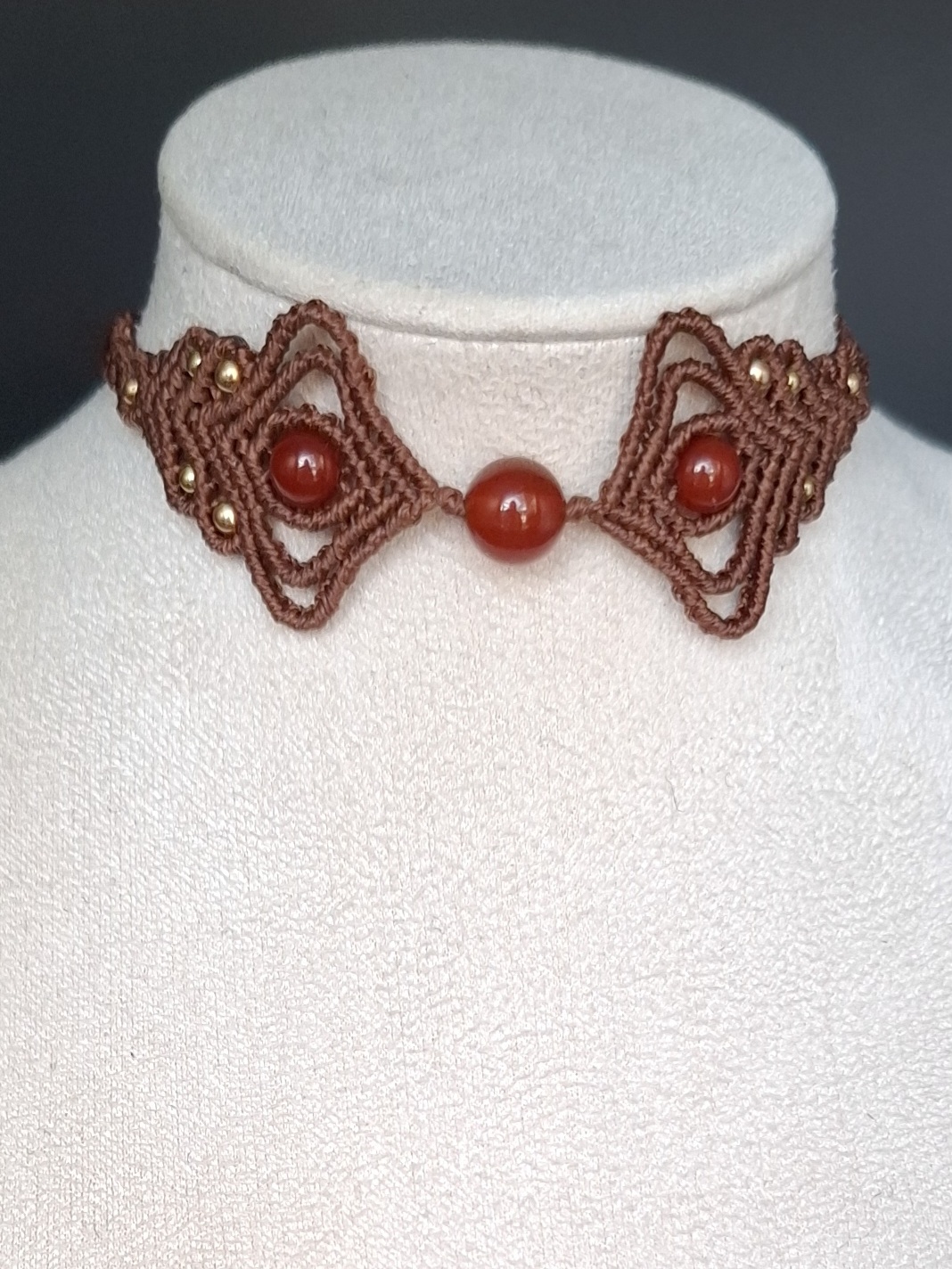 Chocolate Brown Macrame Choker Necklace with Red Agate Gemstones - Image 2