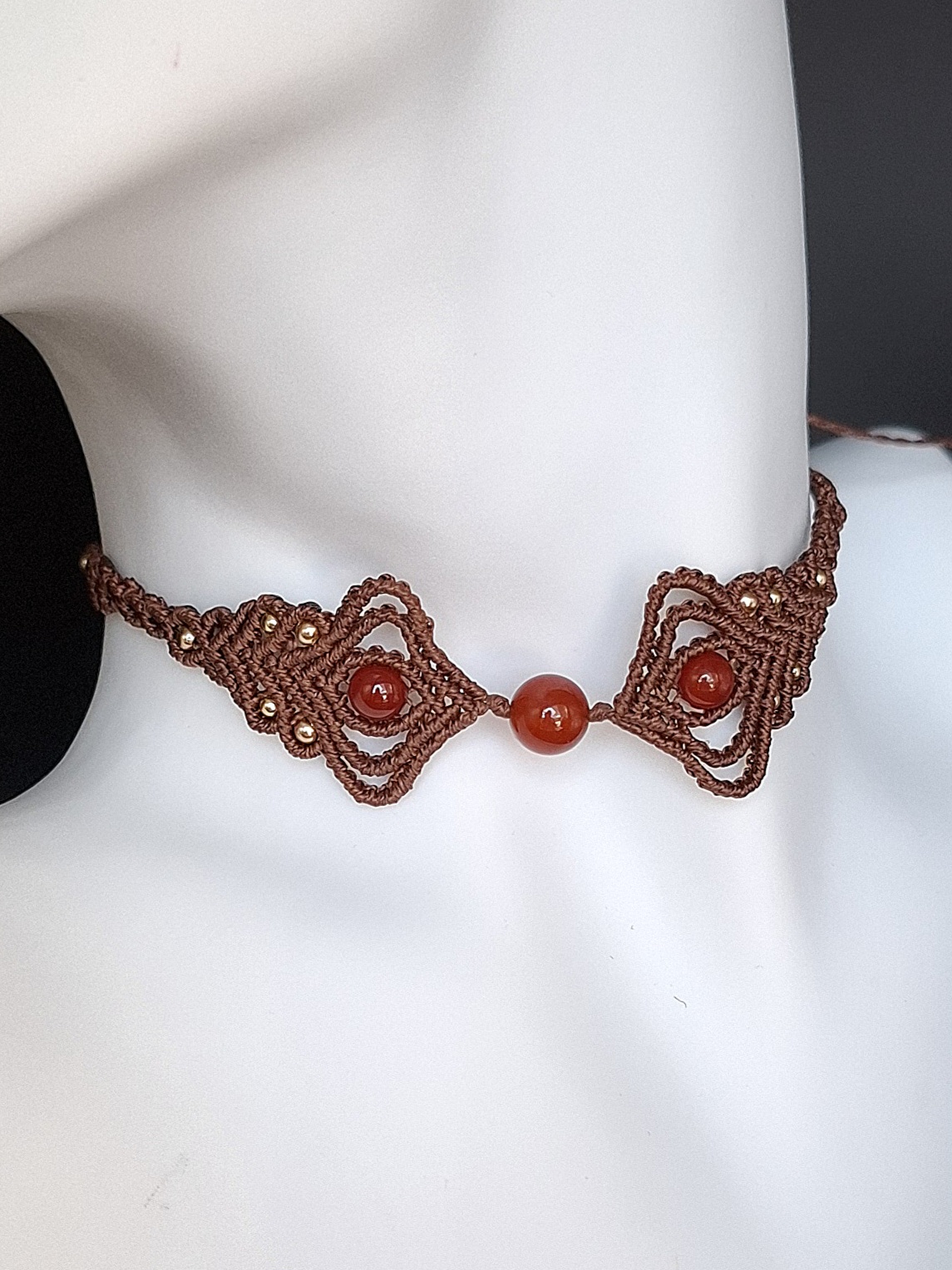 Chocolate Brown Macrame Choker Necklace with Red Agate Gemstones - Image 3