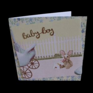 New Baby Boy Card with pram, rabbit and dog