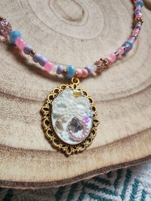 Girls beaded white bow pendant necklace