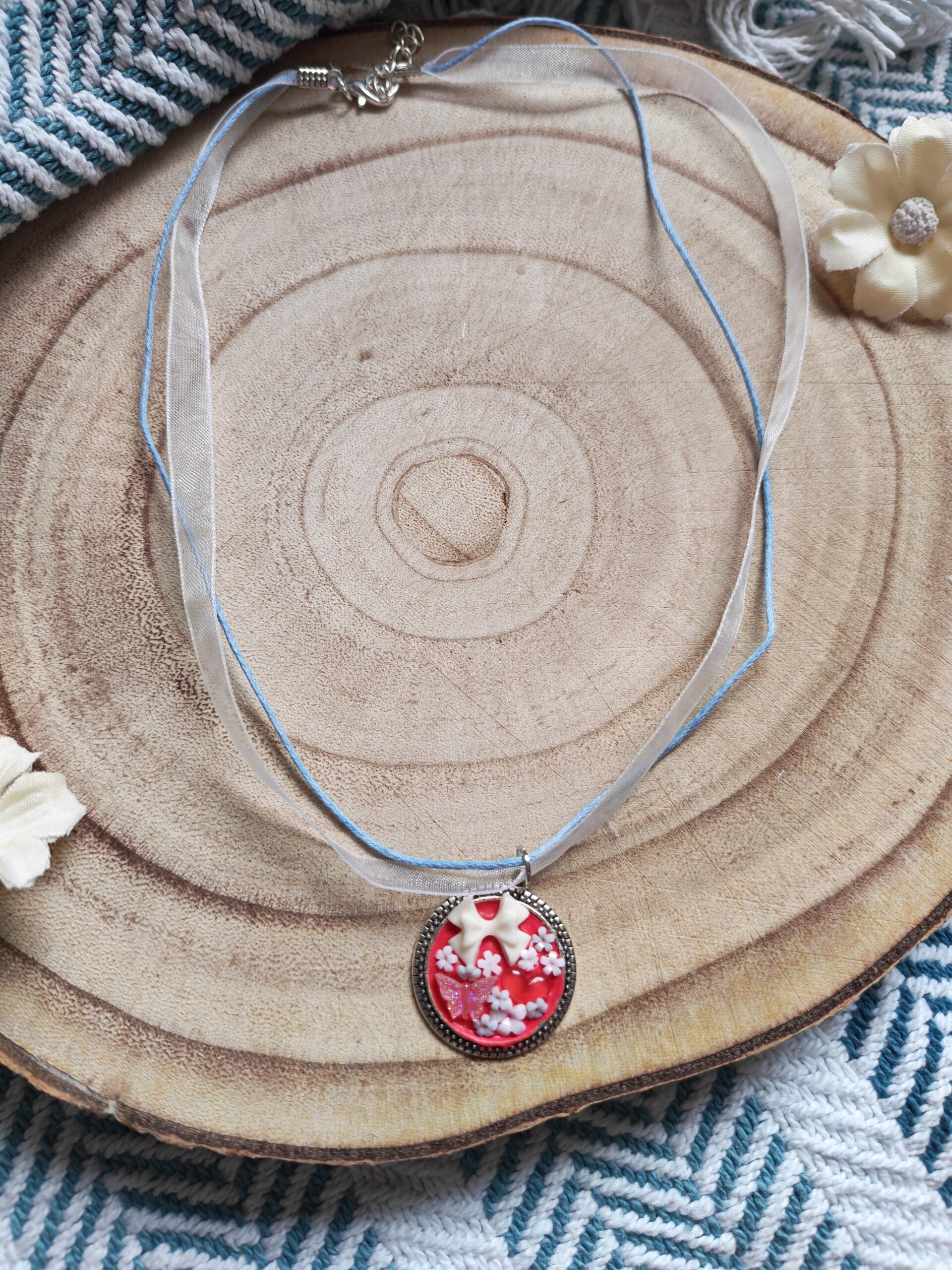 Girls red bow pendant with mixed fabric necklace - Image 2