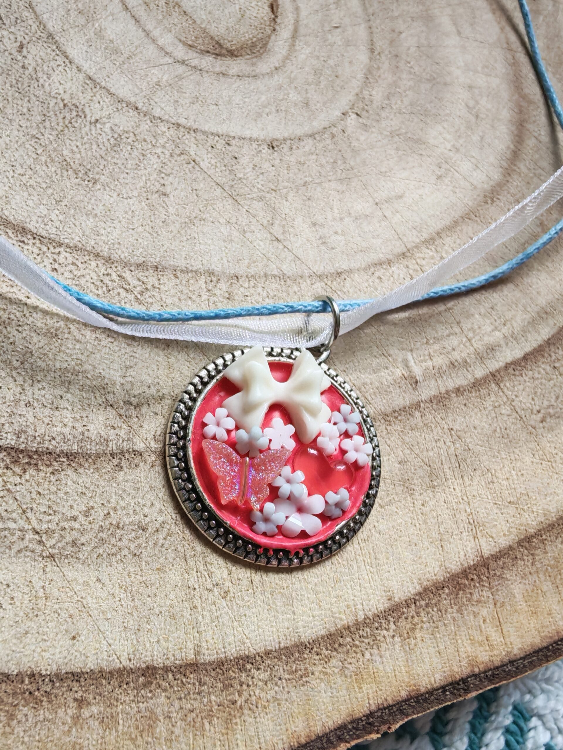 Girls red bow pendant with mixed fabric necklace
