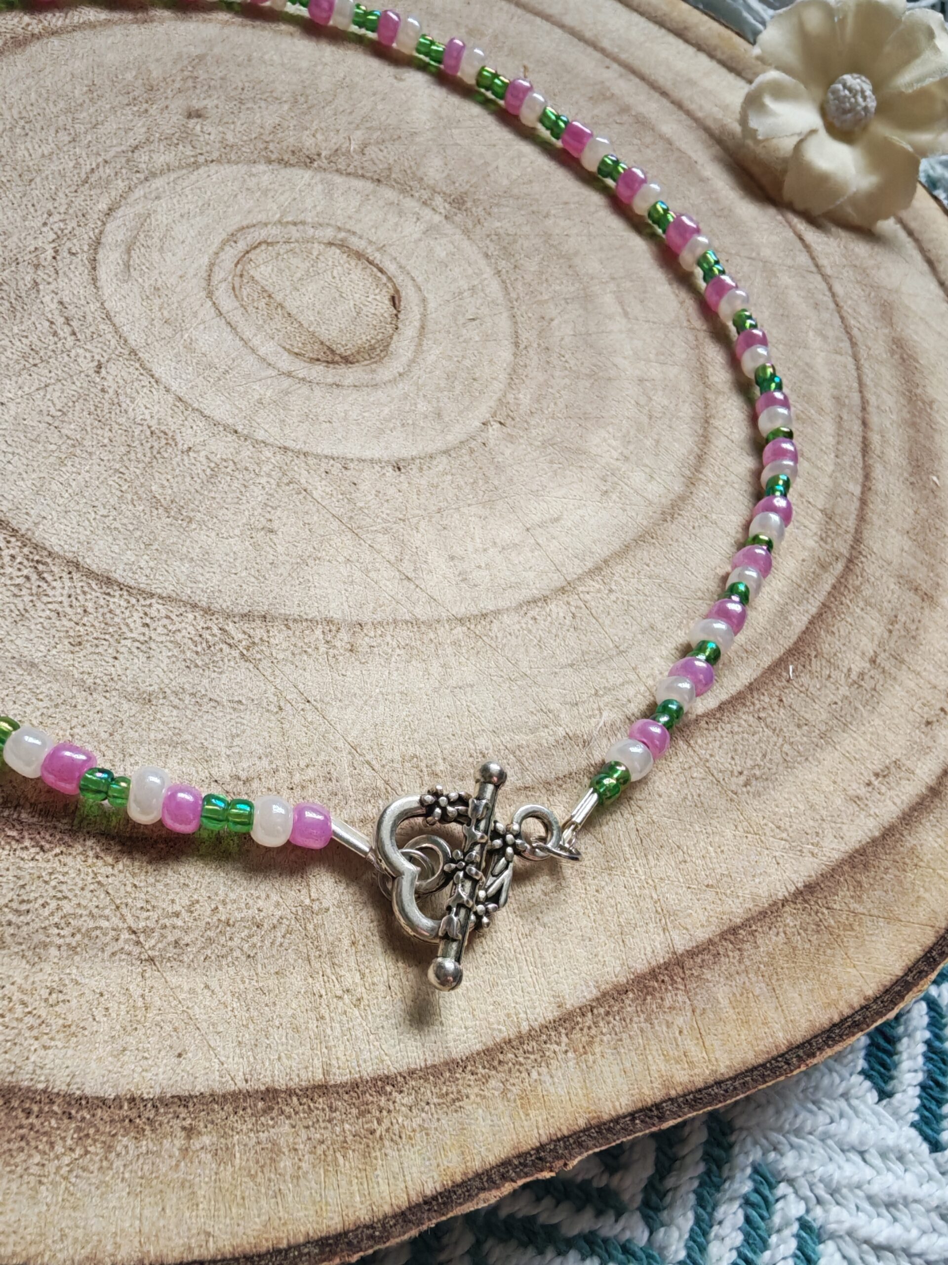 green/white beaded necklace with heart t-bar and loop