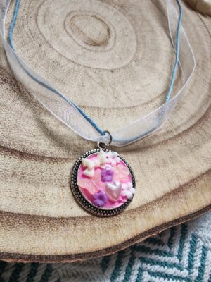 Girls pink bow pendant with mixed fabric necklace