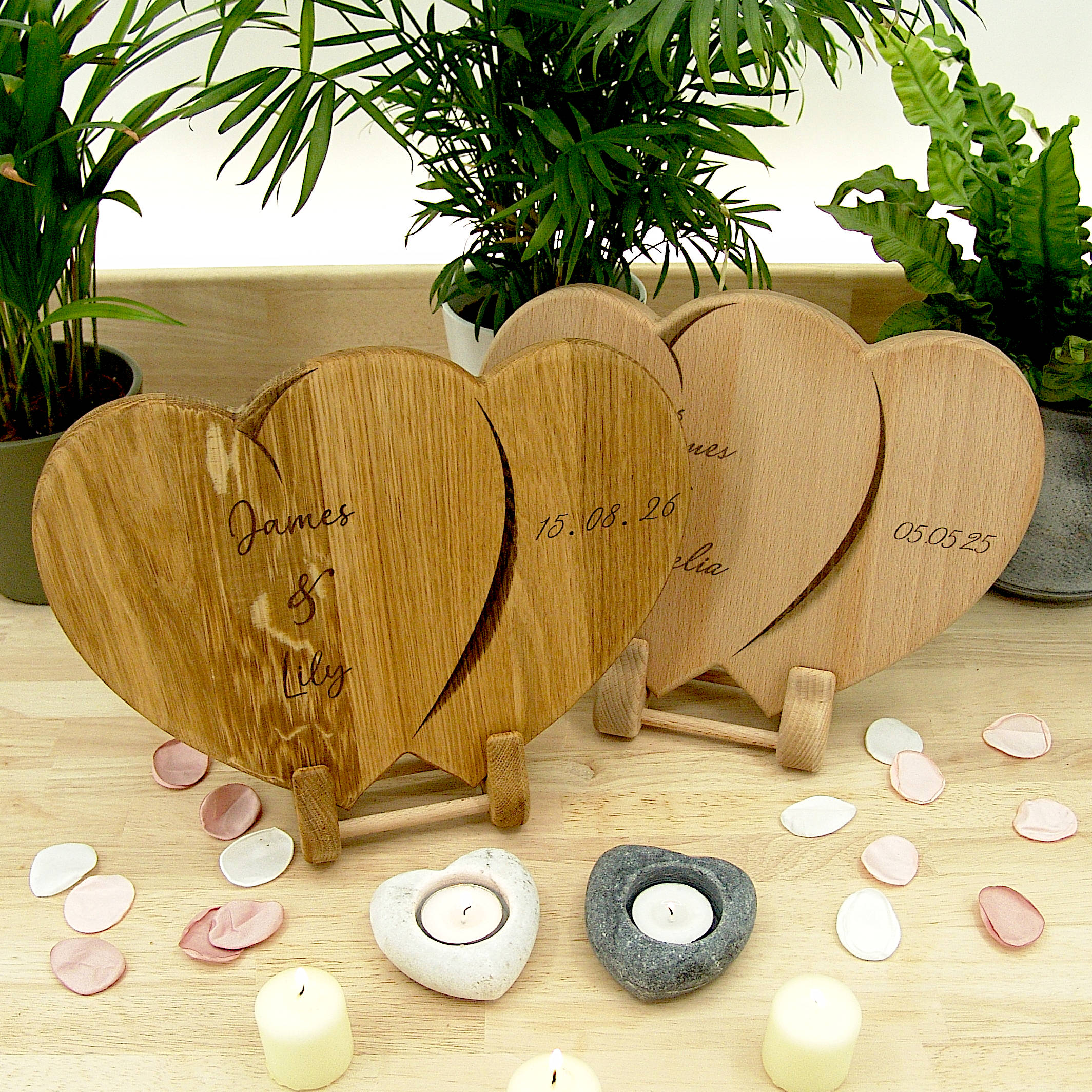 Hearts Personalised Chopping Board Wedding Gift - Oak Beech Engraved - Image 3