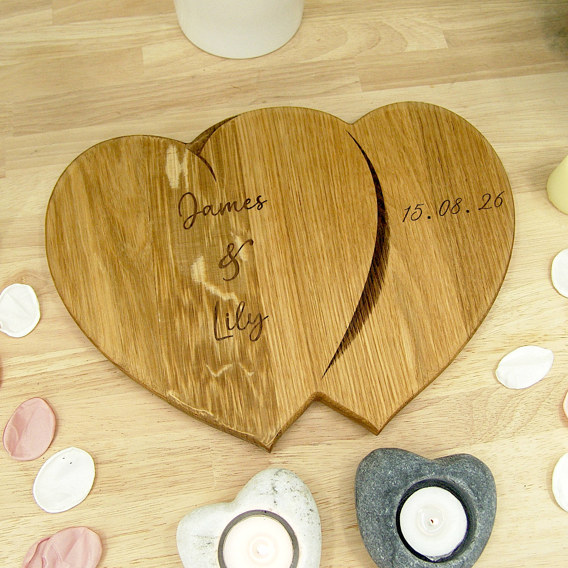 Hearts Personalised Chopping Board Wedding Gift - Oak Beech Engraved - Image 2